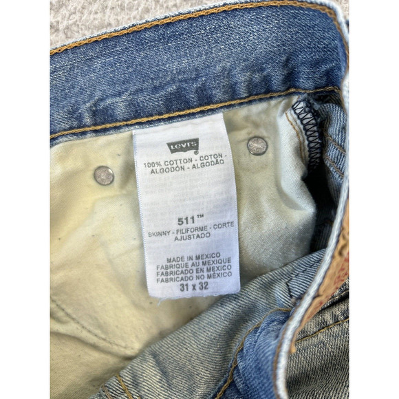 Levis 511 Jeans Mens Size 32x31 (32x32.5) Denim Straight Leather Patches Raw Hem - Picture 7 of 11